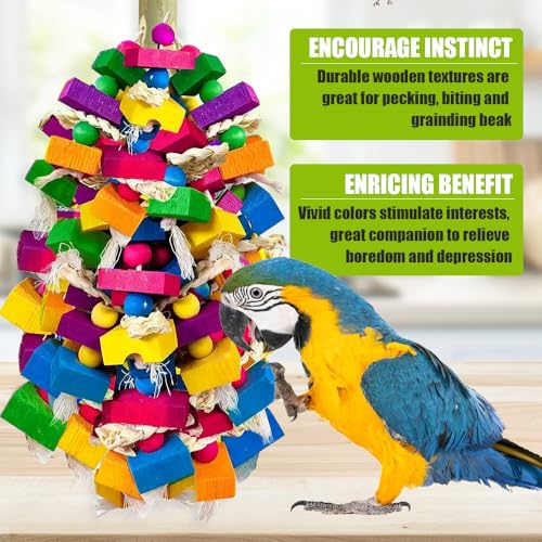Large Parrot Chew Toys, Colorful Natural Wood Hanging Shredding Toy, Heavy Duty Beak Grinding Enrichment Toy for Macaw, Cockatoo, African Grey Large Bird Cage Accessories