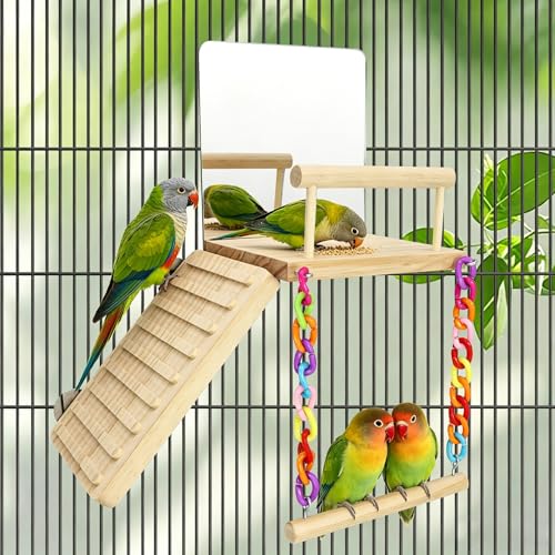 Bird Perches Platform Swing for Cage Bird Toys with Bird Mirror | Climbing Frame for Lovebirds, Budgies,Pacific Parrotlets,Chinchilla, Hamster Gym Exercise