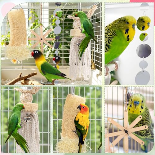 QUOZUO Small Bird Toys Paper Scraps Parakeet Cage Accessories with Bell, Rope Swing Hanging Standing Chewing Toy, Wood Bird Toys for Parakeets, Cockatiel, Parrot, 4pcs