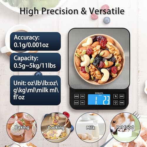 BOMATA Large Kitchen Scale 0.1g/0.001oz High Precision, 11lb Bakery Scale | % Percentage Function, USB Rechargeable, Full-View Angle LCD with Backlight, Stainless Steel Pan