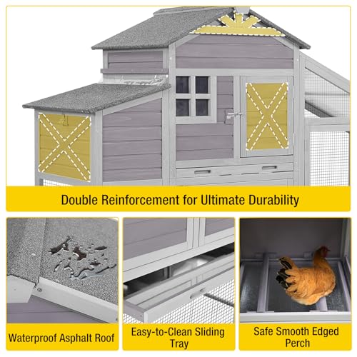 AIVITUVIN Chicken Coop with Nesting Box Mobile Chicken House on Wheels for 2-4 Chickens Rabbit Hutch Pull-Out Tray Wooden Poultry Cage - color: Grey
