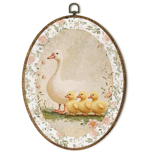 EGVQK Vintage Farmhouse Duck Oval Wall Art, Cottage Core Duck Nursery Wildflower Framed Canvas Prints Wall Art, Rustic Vintage Oval Canvas Hanging Decor for Cottage Bedroom Living Room, 8.5x11.5in - color: animal_12