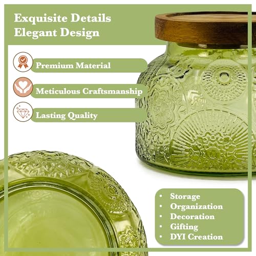 Decorative Green Embossed Glass Jar with Airtight Wooden Lid, 25.4 fl. oz | Wide mouth vintage storage canister, kitchen pantry bathroom organization, coffee sugar tea cookie candy candle vase gift - size: 25.4 Ounces, style: Green Flower