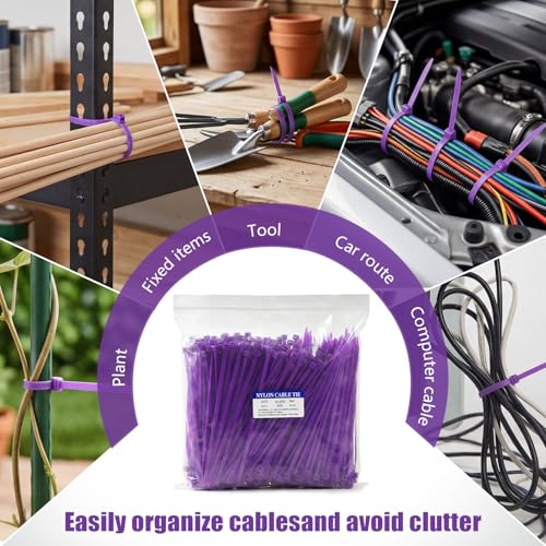 Zip Ties, 500pcs Purple Zip Ties 8 Inch, Plastic Ties Small Zipties Cable Tie Wraps, Multi-Purpose Cable Management Ties, Self-Locking Ziptie for Office and Home(Can bear 30lb) - color: Purple, size: 8" (500 Pack)
