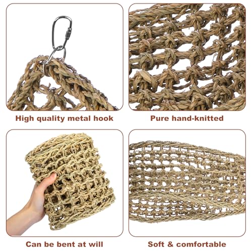 39.34 x 7.08 Inch Large Seagrass Mat for Birds with 5 Hooks, Bird Cage Accessories, Natural Grass Woven Bird Net Hammock Mat, Climbing Rope Ladder Chew Toys