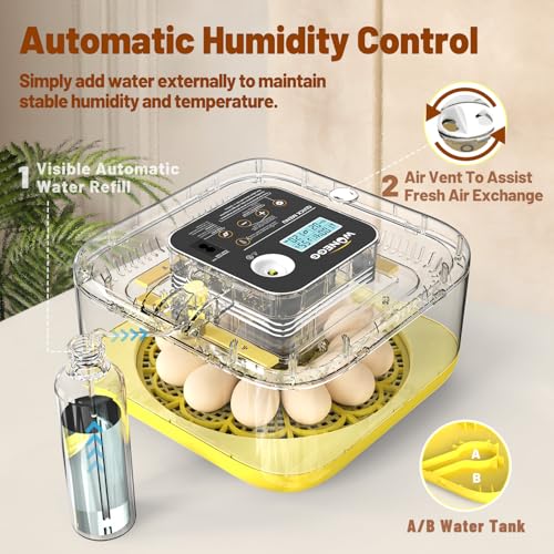 Incubator for Hatching Eggs, 12 Eggs Incubator with Automatic Egg Turning, Temperature & Humidity Control, LED Egg Candler, Incubation Days Display, for Chicken, Duck, Quail, Parrot Bird Eggs
