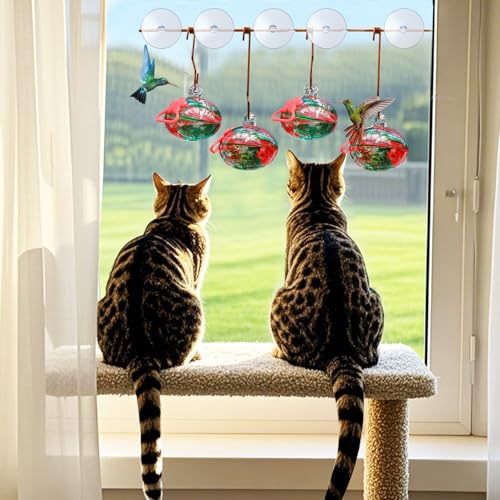 Pozfun Set of 3 Hummingbird Feeders for Outdoors Hanging,Hand-Blown Glass Hummingbird Feeder with Silicone Feeding Perch,Never Leak,Gardening Gifts for Woman Man(Red) - color: Red