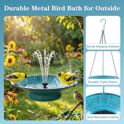 Metal 12.6" Hanging Bird Bath with Solar Fountain for Outside | Hanging Solar Bird Bath Hanging Birdbath Bubbler for Outdoors Backyard Patio Garden Decor, Blue - color: Blue