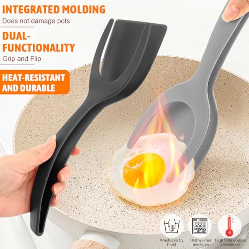 2 in 1 Egg Flipper Spatula, Non-Stick Grip and Flip Spatula Tongs for Pancakes, Omelets, Fish, Eggs, Burgers, Steaks, Heat Resistant Cooking Tool for Kitchen use (Black+Grey) - color: Black+Grey