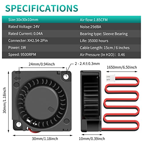 2Packs Wathai 30mm 24V Blower Fan Brushless Exhaust Fan 2pin 30 x 30 x 10mm | for DIY Cooling Single Board Computer, Custom Setu, Hotend - color: 30x10mm 24V