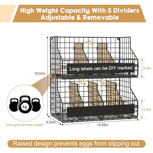 Egg Holder Countertop,Metal Egg Rack with Adjustable Dividers & DIY Labels | 2-Tier Stackable Wire Baskets, XXL Egg Basket for Gathering Fresh Eggs - Wall-Mounted Egg Storage, Chicken Coop Accessories - color: Black, size: 2-Tier X-Large