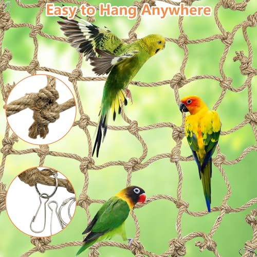 Tfwadmx Natural Bird Rope Net, Large Size - 24''X24'' Parrot Swing Hammock, Bird Climbing Ladder Hanging Cage Perch Chew Toys for Budgies Macaw Conure Finch Cockatoo Budgie African Grey Parakeet