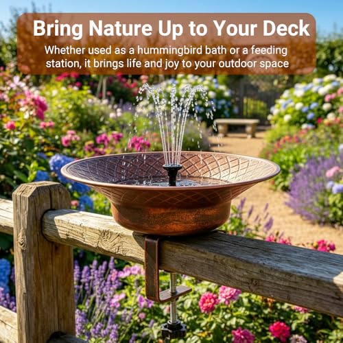 12.6" Deck Mounted Bird Bath for Outside, Metal Solar Powered Bird Bath | Bird Bath Fountain with Heavy Duty Railing Clamp for Balcony Fence, Detachable Deck Bird Bath for Garden - color: Bronze