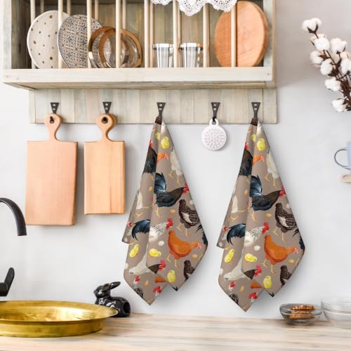 Rooster Chicken Kitchen Dish Towels Set of 2, Rooster Kitchen Decor | Absorbent Vintage Rustic Hand Tea Towel, Retro Farmhouse Cooking Baking Bar Bathroom Drying Cloth, Chicken Gifts for Women - color: Rooster Chicken