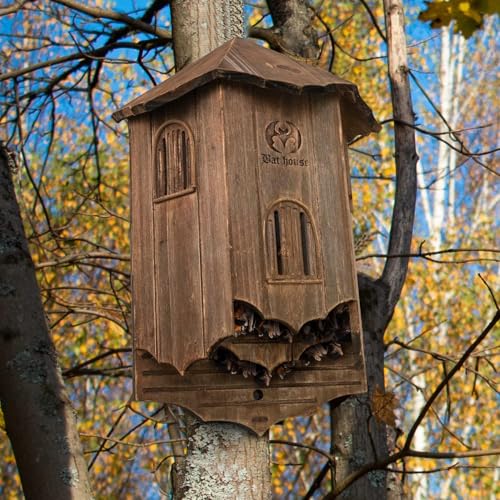 VIREESR Bat House for Outdoors, Castle 3-Chamber Bat Box, 100-Capacity | Cedar Wooden Bat House, Bat Boxes for Outside for Tree, 3 Chamber Design to Attract Bats, Weather-Resistant, Brown - size: Brown