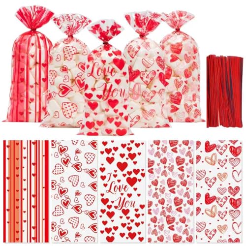 100 Pcs Valentine Treat Bags - Red Heart Cellophane Goodie Bags, Clear Plastic Happy Valentine's Day Cello Candy Gift Bag With Twist Ties for Wedding Anniversary Party Favors Supplies - color: Valentines