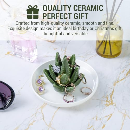 MyGift Decorative White Ceramic Ring Tray for Jewelry, Ring Cone and Trinket Tray with Raised Heart Design (Ceramic Aloe) - color: Ceramic Aloe