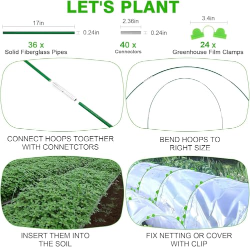 Garden Hoops for Raised Beds Row Cover, 36pcs 8ft Greenhouse Garden Grow Tunnel Netting Hoops, Greenhouse Support Hoops Garden Bed Hoops, Flexible Fiberglass DIY Hoops for Outdoor Plant, 24pcs Clips - size: 36PCS