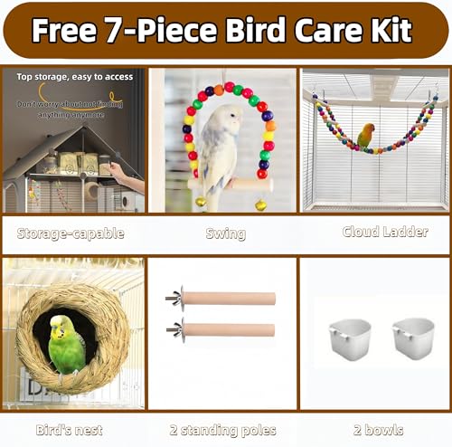 60in Large Flight Bird cage, Equipped with Bird's Nest，Ladder, Swing, Feeder, etc. with Wheels for Easy Outdoor Movement, Suitable for Parrots, Pigeons (White) - color: White