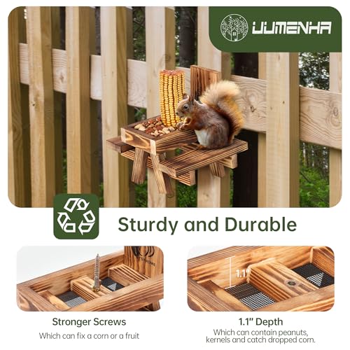 Squirrel Feeder for Outside Funny, Carbonized Wood Squirrel Picnic Table Feeder with Corn Cob Holder & Peanut Tray, Durable Picnic Table for Squirrel and Chipmunk, New Premium Gift - color: Brown