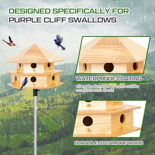 Yaocom Purple Martin House, 12 Room Martin BirdHouses for Outside, Sycamore Wood Construction & Waterproof(Wood Color,16.54 x 14.57 x 11.81 Inches)