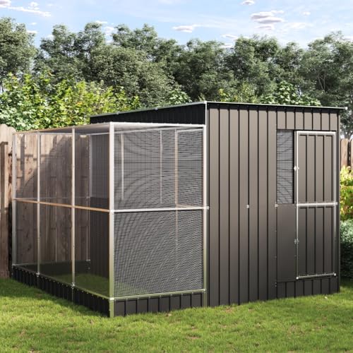 Silver Steel Aviary with Extension 114.2x119.3x85.0 | Galvanized Frame, Lockable Door, Steel Mesh, for Parrots, Rabbits, Ducks - size: 114.2" x 119.3" x 85"