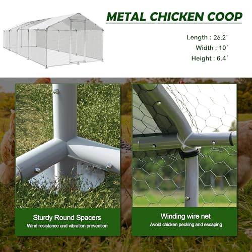 Large Metal Chicken Coop Round Top Upgrade Tri-Supporting Wire Mesh Chicken Run,Chicken Pen with Water-Resident and Anti-UV Cover,Duck Rabbit House Outdoor (26.2'L x 9'W x 6.5'H) - size: 314.4"L x 108.0"W x 78.0"H