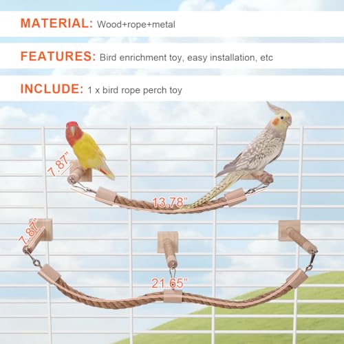 La La Pet Bird Rope Perches for Cage Natural Wood Standing Perch Hanging Bridge and Swing Interactive Birds Toys for Conures Budgies Parakeets Cockatiels Lovebirds 2-Set