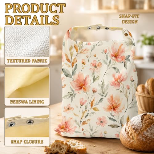 2 Pack Beeswax Linen Peach Blossom Bread Bags, Watercolor Floral Reusable Fresh Keeping Bags for Sourdough & Baguette, Freezable Portable Bread Storage Container 17×13'' - color: Peach Blossom