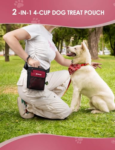4 Cup Dog Treat Pouch with Silicone Insert Bag& Clicker(Red) | 2 Pair Magnetic Closures, Belt Clip/Waist Belt/Crossbody Wear, Zipper Pocket Poop Bag Holder for Pet Training/Daily Walking - color: Red