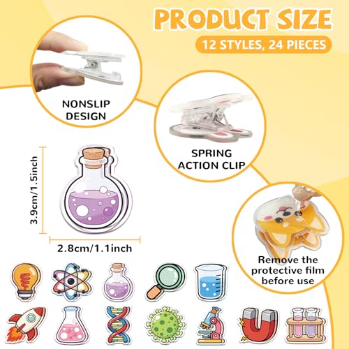 MAYJOYDIY 24Pcs 12 Styles Science Acrylic Bag Clips Light Bulb Bag Sealer Sealing Closures Magnifying Glass Microscope Acrylic Chip Clips Funny Home Office Holders for Bread Snack Storage Desk Decor - style: Science