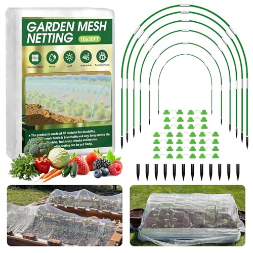 Garden Mesh Netting Kit, 10x30FT White Ultra Fine Netting & 8FT Fiberglass Garden Hoops with Support Bases, Garden Netting with Frame for Raised Beds, Garden Hoops & Netting, Row Cover, Plant Barrier - color: White