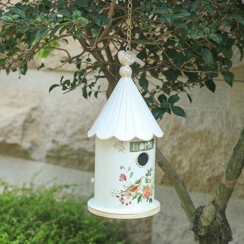 Metal Hanging Birdhouses for Outdoors Bird Houses for Outside Unique Bird Nest for Bluebird Wren Chickadee Sparrow Bird Nest Box for Garden Patio - color: White