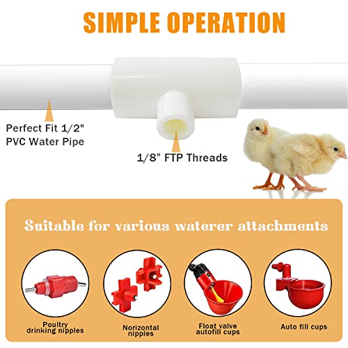 20 Pieces Chicken Waterer PVC Tee Fittings, Automatic Poultry Waterers PVC Fittings for 1/8" FTP Threads, Chicken Water Drinker and Feeder Cups for Poultry Nipples Chicken - size: 20