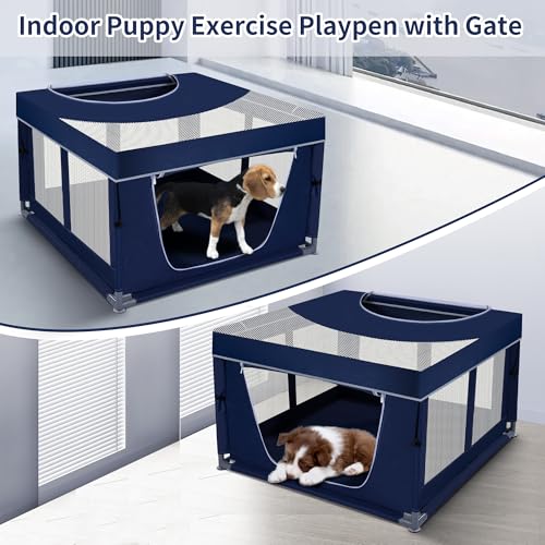 Dog Kitten Playpen with Play Pen Cover for Cat Indoor, 41 x41 x25.5 Puppy Playpen for Small Pet with See-Through Topper Proof Enclosed Door Dog Pen, Sturdy Warm Protable Play Pen for Cat - color: Royal Blue, style: 41'x41'x25.5' with Cover