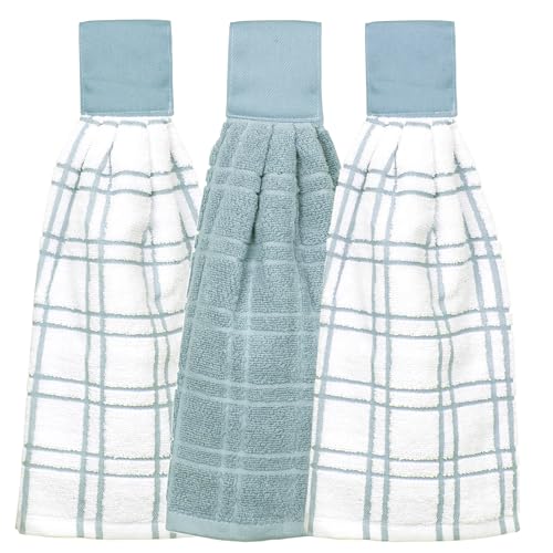 Ritz Premium 100% Cotton Solid and Multi Check Kitchen Tie Towel Absorbent, Super Soft, and Fast Drying Hang Towel, Set of Three, Dew - color: Dew, size: Solid & Multi Check - 3 Piece