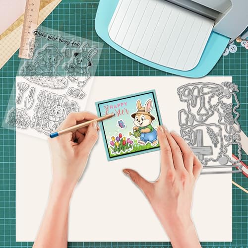 GLOBLELAND Cartoon Gardener Bunny Clear Stamps and Metal Die Cuts Spring Easter Rabbit Transparent Stamp Cute Animals Cutting Dies for Card Making Embossing Scrapbooking - style: Gardener Bunny