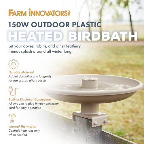 Farm Innovators 150 Watt Outdoor Plastic Heated Birdbath with Twist Deck Mount, Hidden Electrical Connection, and Internal Thermostat, Tan | All season decorative heated birdbath with easy twist-on deck mount, built-in perch or feeder, 1-1/2-gal capacity