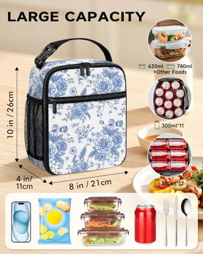 Girls Lunch Box Women Insulated Lunch Bag for Kids Adult, Blue Floral | Reusable Lunchbox, Cooler Tote Bag with Cup Holder, Lightweight, High Capacity, Multiple Pockets for School Work Travel - color: Blue Floral