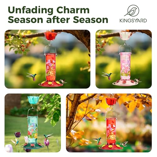 Kingsyard 2 Pack Hummingbird Feeders for Outdoor Hanging - Charming Patterned Glass Humming Bird Feeder with 6 Feeding Ports and Ant Moat, Ideal Gift Choice for Bird Lovers, Red | Extra-Wide Mouth Bottle for Easy Cleaning, 6 Feeding Ports, Built-In Ant Mo