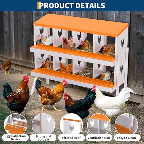 Chicken Nesting Box, 8 Compartment Galvanized Steel Chicken Laying Boxes, Heavy Duty Rustproof Chicken Coop with Easy Egg Collection for Backyard Farms - with Bracket Legs, Orange - color: orange