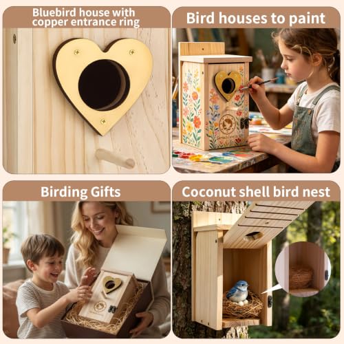 2PC Cedar Bluebird Houses for Outside with Nesting Material | Bird House Outdoor With Copper Guard, Predator Proof Bluebird Houses, Kits for Adults & Kids with Perch & Nesting Material