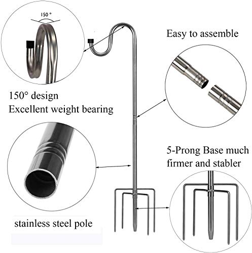 Shepherds Hook for Outdoor, 78 Inch Tall & 5/8 Inch Diameter Stainless Steel Heavy Duty Poles to Hang Outdoor Lights with 5 Prongs Base, Suitable for Bird Feeders or Wedding Decors(1pack) - color: Silver, size: 78inch