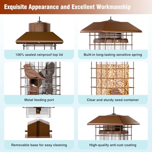 Squirrel-Proof Metal Bird Feeder with Removable Base, Weight-Activated Cage, Easy to Clean, Sturdy & Rust-Resistant, 3 lb Capacity, Outdoor Hanging Tube Bird Feeder for Cardinals & Finches - color: Bronze