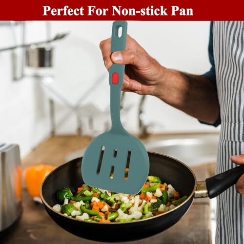 Silicone Spatula Turner,Wide Pancake Spatula for Non Stick Frying Pans,Heat Resistant Cooking Spatulas for Kitchen Use,Thin Rubber Flipper for Omelette Eggs,Pancakes,Fish and Burgers - color: Semicircle Slotted Green
