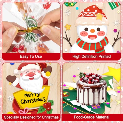 100 Pcs Christmas Treat Bags - Cute Merry Christmas Cellophane Bags, Plastic Christmass Gift Bags Bulk, Clear Winter Xmas Candy Cello Goodie Bag with Twist Ties for Xmas Party Favors Supplies - color: Christmas