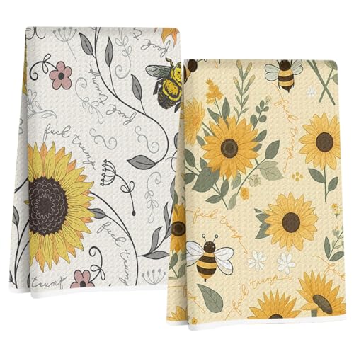 2 Pcs Funny Trump Kitchen Towel, Sunflower Hand Towels for Kitchen Decor | Absorbent Microfiber Dish Cloth Tea Towels Home, Anti Trump Gifts for Women 14x24 Inch - color: Multi 1518