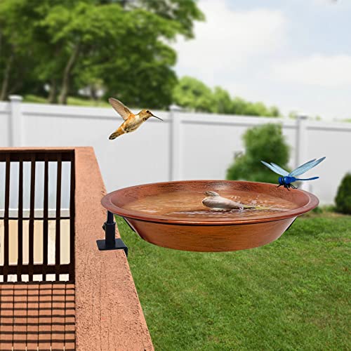 Deck Mounted Bird Bath for Outdoors, 11.5 Inches Metal Birdbath Bowl with Adjustable Steel Clamp, Antique Copper Deck Bird Feeder for Railing Balcony Fence Yard Art Garden Decor