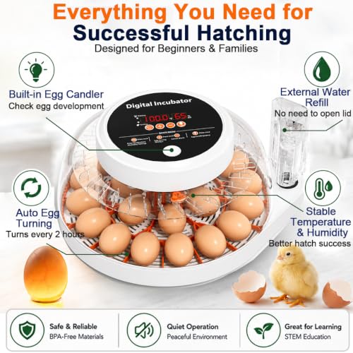 Upgraded Egg Incubators for Hatching Eggs, 22 Egg Incubator with Automatic Egg Turning, Temperature Control & Humidity Display, LED Candler, Incubator for Chicken, Duck, Quail Eggs - size: 22 EGGS