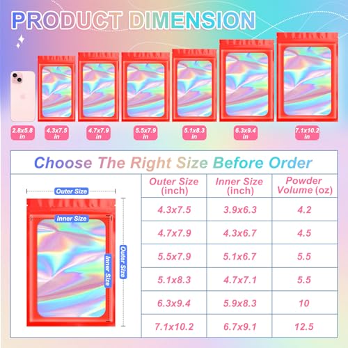 ANZNKU 100PCS Holographic Red Mylar Bags, Resealable Smell Proof 6.3x9.4 | Sealable Pouches with Clear Window, Small Business Jewelry Candy Treat Sample Packaging, Plastic Zip Goodie Gift Baggies - color: Red, size: 6.3 x 9.4 Inch
